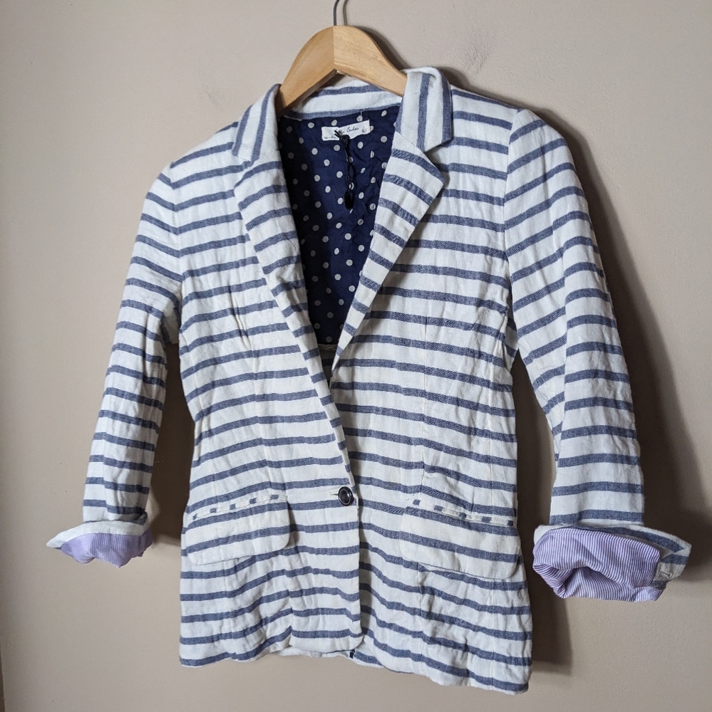 Anthropologie Navy and White Striped Blazer with Polka-Dot Lining - Picture 2 of 7